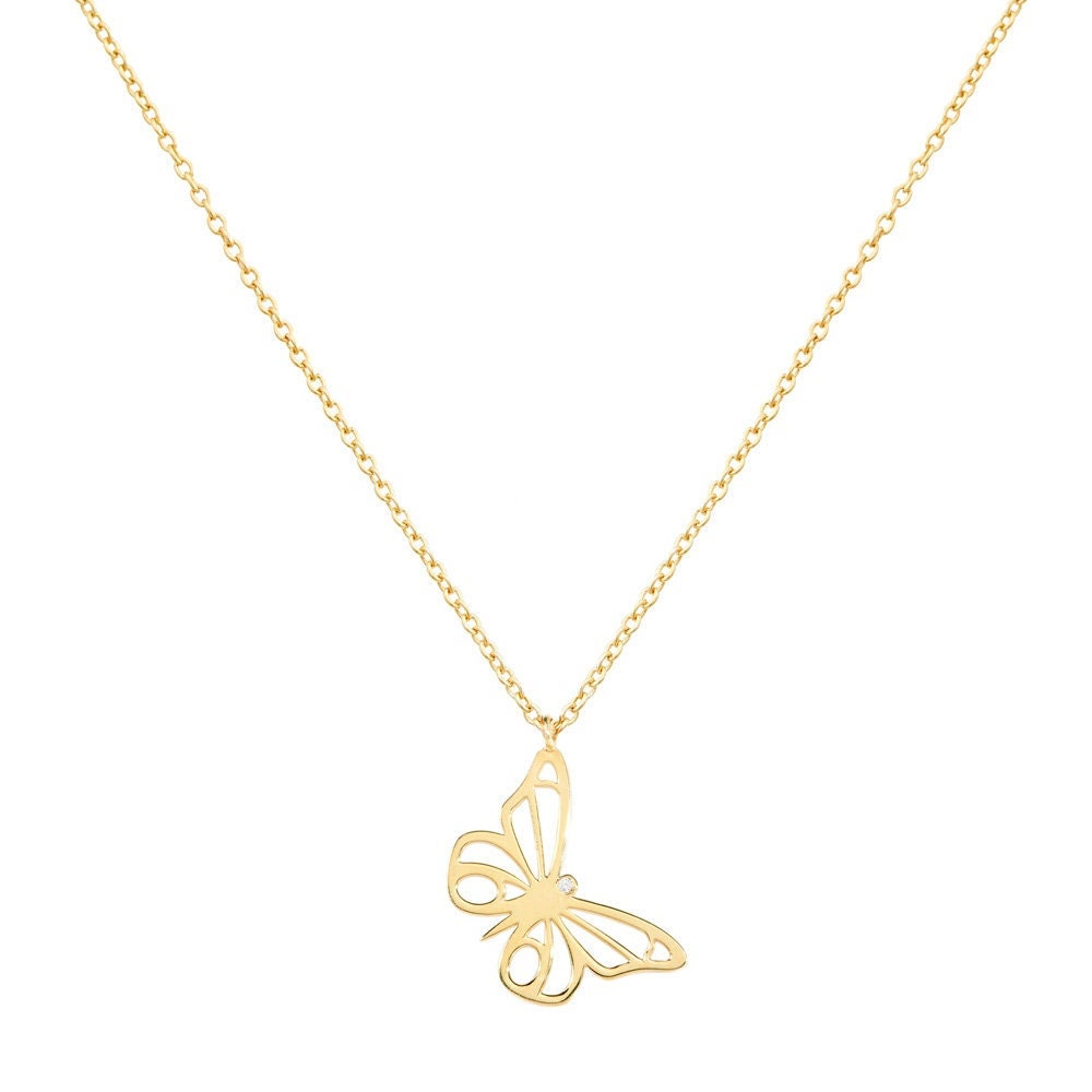 Butterfly Gold Pendant, Tiny White Diamond, 9K 14K 19K Gold Necklace, Gold Butterfly Necklace, Dainty Gift for Her, Necklaces for Women