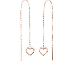 Small Hearts, Romantic Threader Earrings, 9K 14K 18K Solid Gold, Earrings in Yellow White or Rose Gold, Long Chain Threaders, Gift For Her image 2