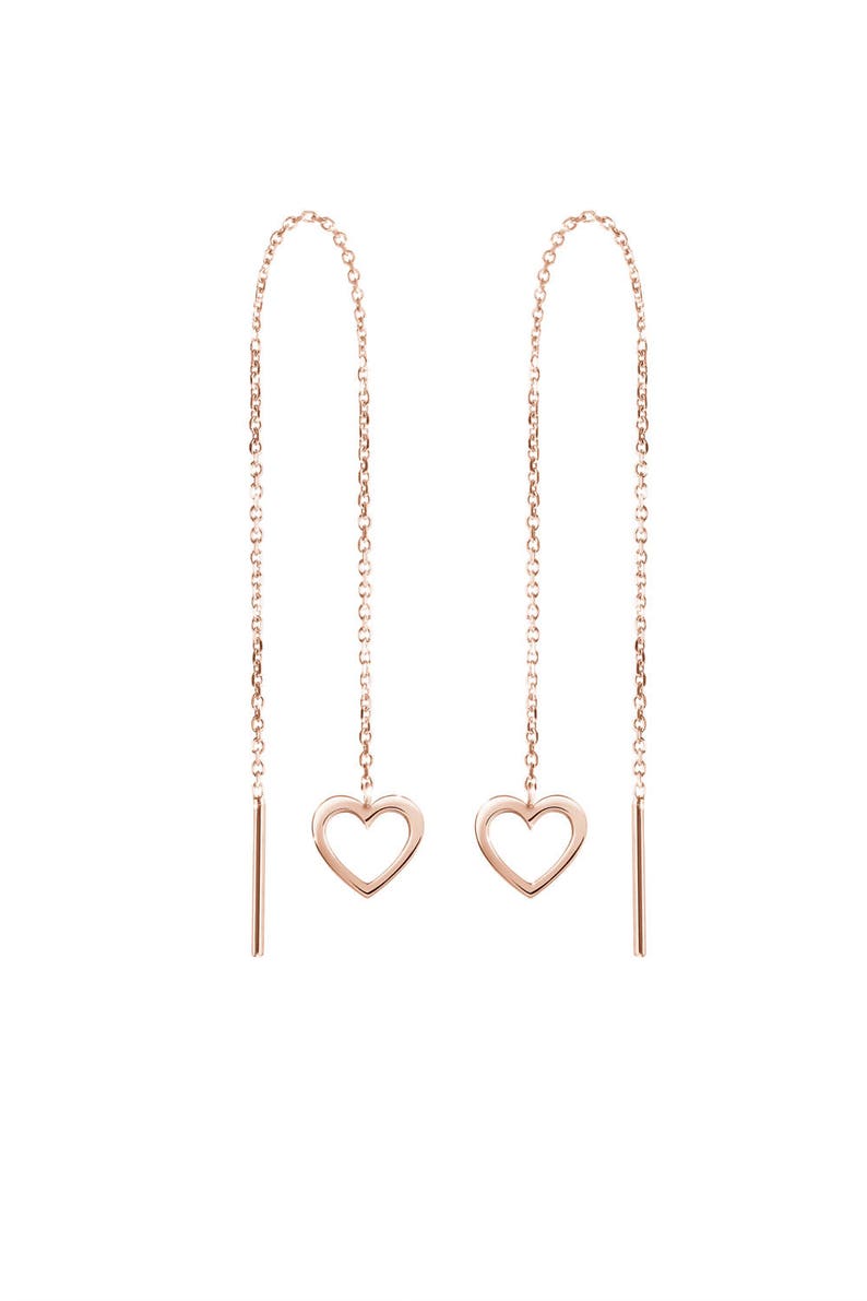 Small Hearts, Romantic Threader Earrings, 9K 14K 18K Solid Gold, Earrings in Yellow White or Rose Gold, Long Chain Threaders, Gift For Her image 2