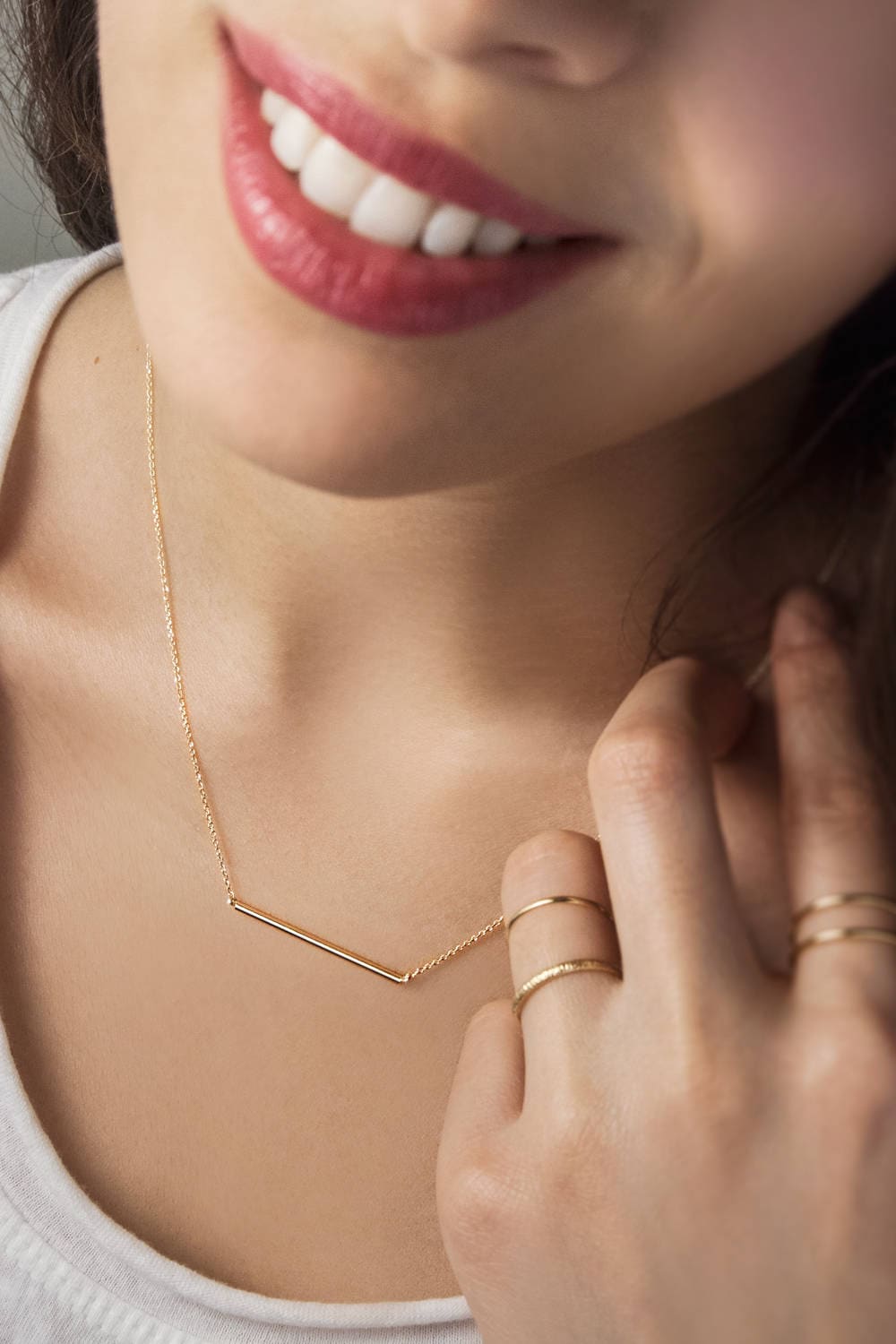 Solid Gold Thin Bar Necklace, Real Gold Necklace, Yellow Gold, Necklaces for Women, Layered Necklace, Horizontal Bar, Valentine's Day gift