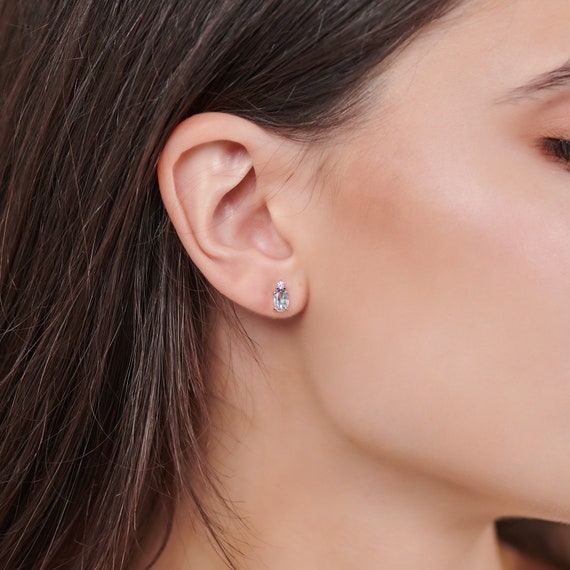 Sky Blue Topaz and Diamond, 9K 14K 18K Gold Stud Earrings, Oval Topaz and Round Diamond, November Birthstone, Gemstone Jewelry, Gift for Her