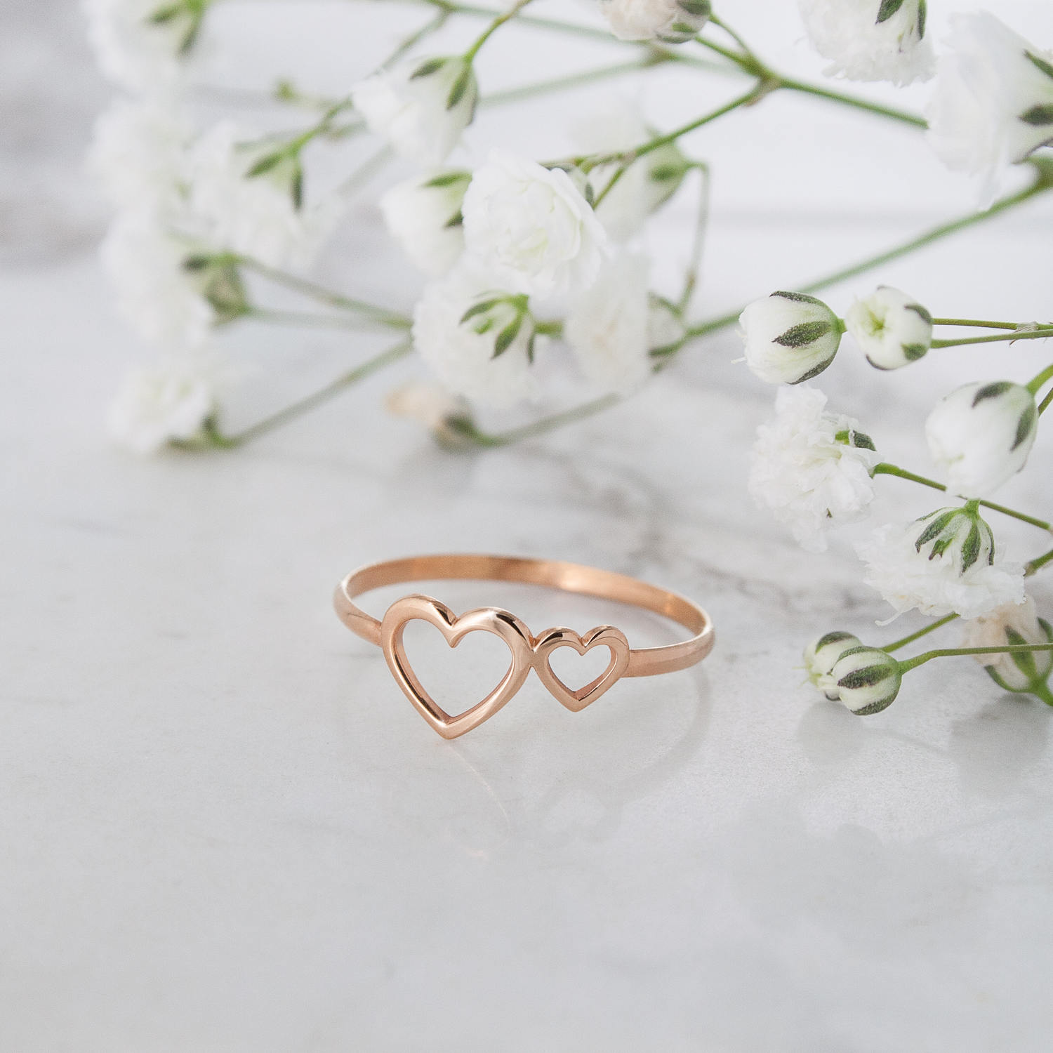 Double Heart Ring 9K 14K 18K Gold Ring Rose Gold Two Hearts ...