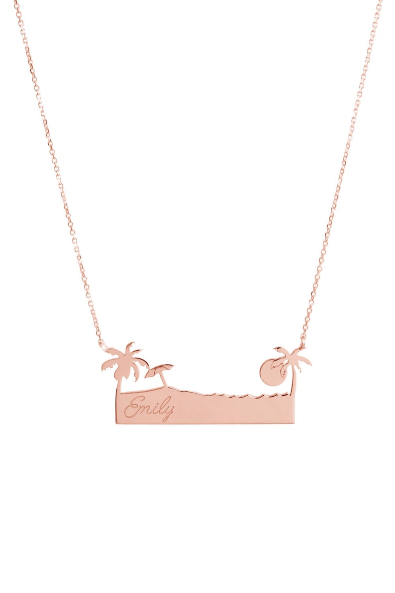 Gold Palm Tree Necklace with Engraved Name, Inspirational Personalized Gift, 9K 14K 18K Solid Gold, Custom-Engraved image 2