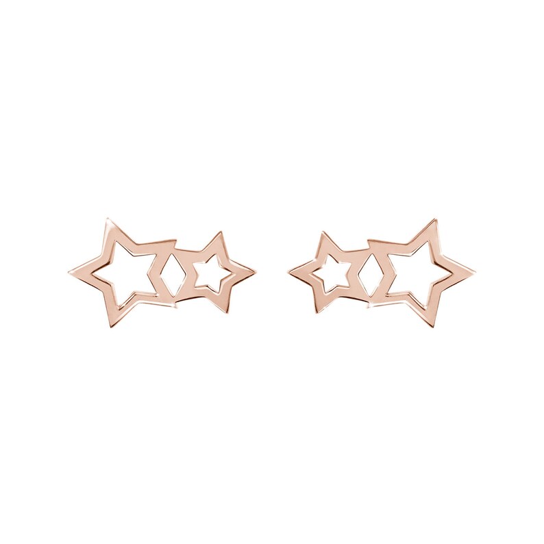 May include: A pair of rose gold earrings featuring three interlocking star shapes.