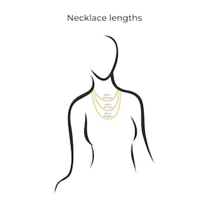 Op de afbeelding: Diagram met verschillende kettinglengtes op de nek van een persoon. De lengtes zijn 40 cm (15,74 inch), 45 cm (17,71 inch) en 50 cm (19,68 inch).