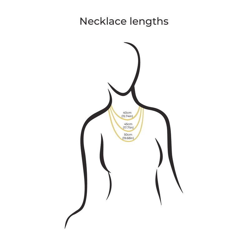Op de afbeelding: Diagram met verschillende kettinglengtes op de nek van een persoon. De lengtes zijn 40 cm (15,74 inch), 45 cm (17,71 inch) en 50 cm (19,68 inch).