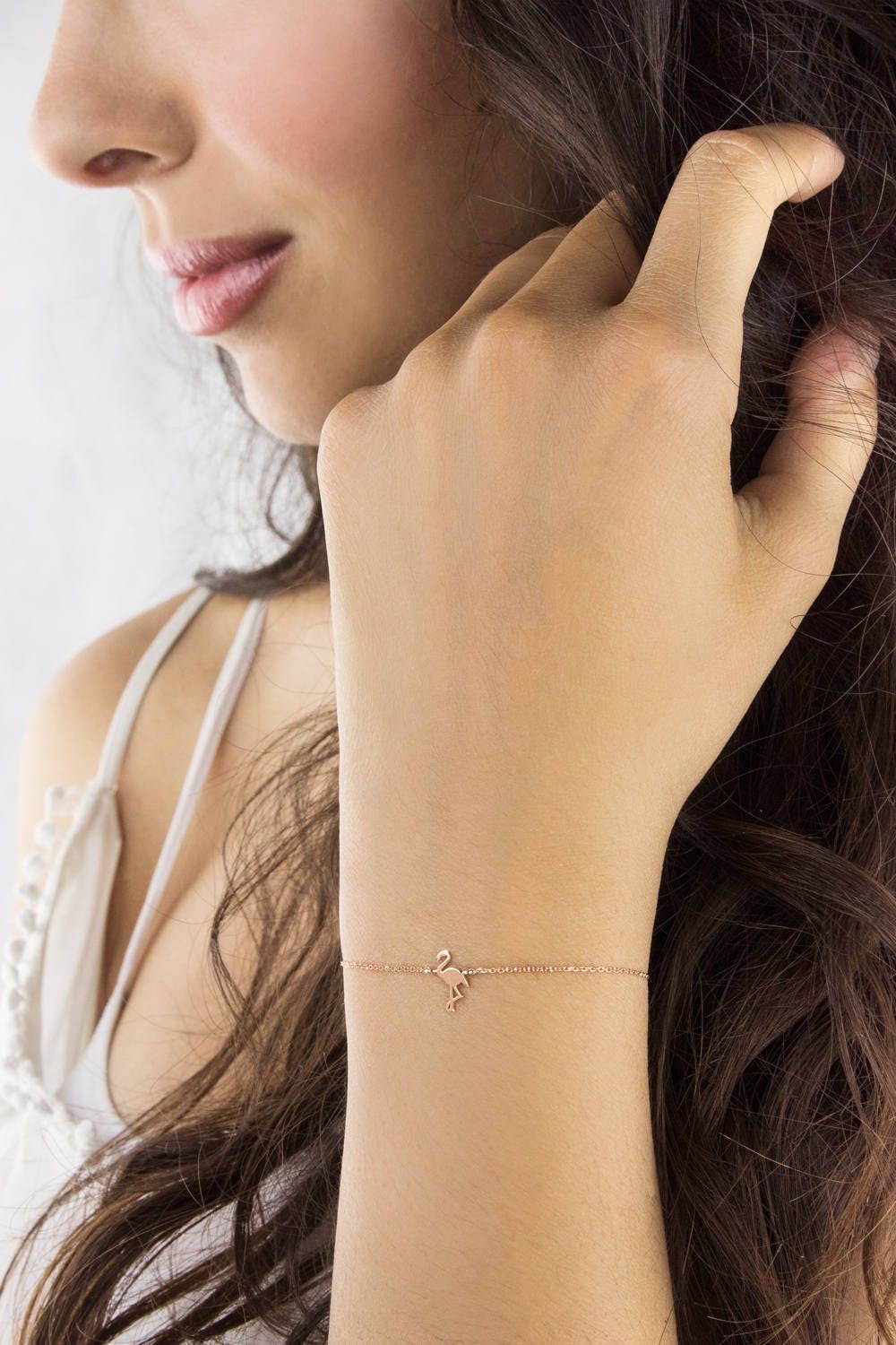 Small Flamingo Bracelet, 9K 14K 18K Gold Bracelet, Rose Gold, Pink Flamingo Charm, Flamingo Jewelry, Dainty Exotic Bird, Gift For Daughter