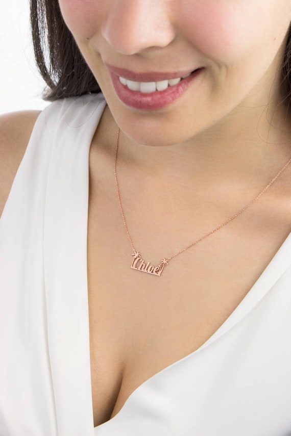 Rose Gold Name Necklace Tropical Necklace Palm Tree Etsy