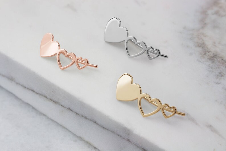 Rose Gold Heart Climbers, 9K 14K 18K Solid Gold Earrings, Romantic Gift for Her, Love Gift image 6