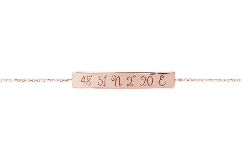 Customized Coordinates Bar, Personal Quote or Wish, 9K 14K 18K Gold Bracelet, Engraved Curved Bar, Unique Gift for Her image 4