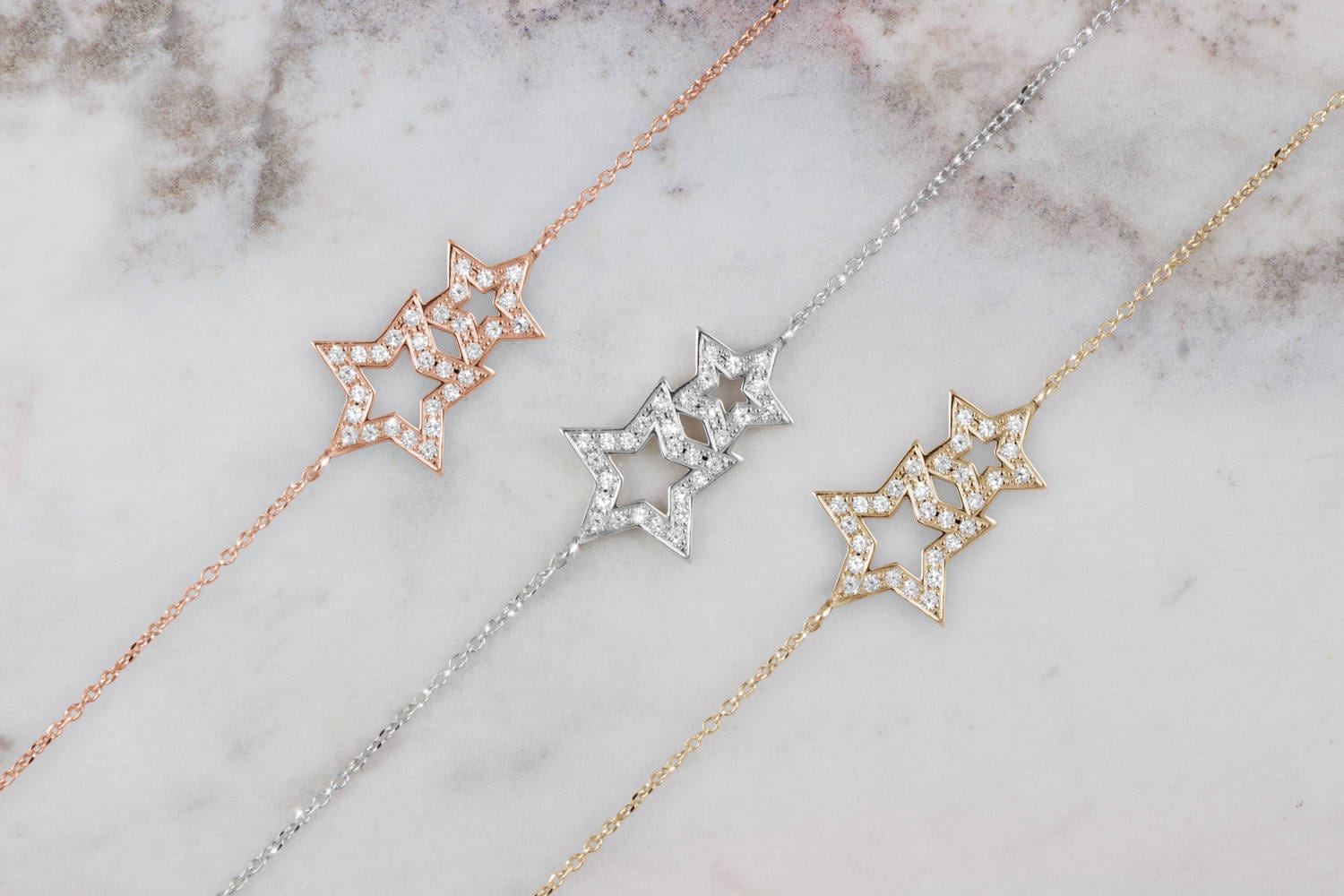 Diamond Two Stars Bracelet, 9K 14K 18K White Gold Bracelet 