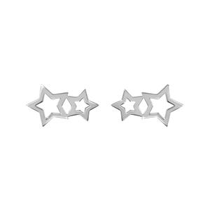 May include: A pair of silver earrings featuring three interlocking star shapes.