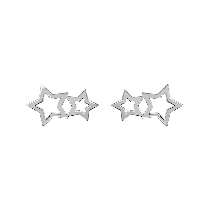 May include: A pair of silver earrings featuring three interlocking star shapes.