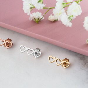 Triple Heart Earrings, 9K 14K 18K Gold Earrings, Rose Gold, Tiny Hearts Gold Studs, Rose Gold Heart Frame, Love Stud Earrings, Heart Jewelry image 2