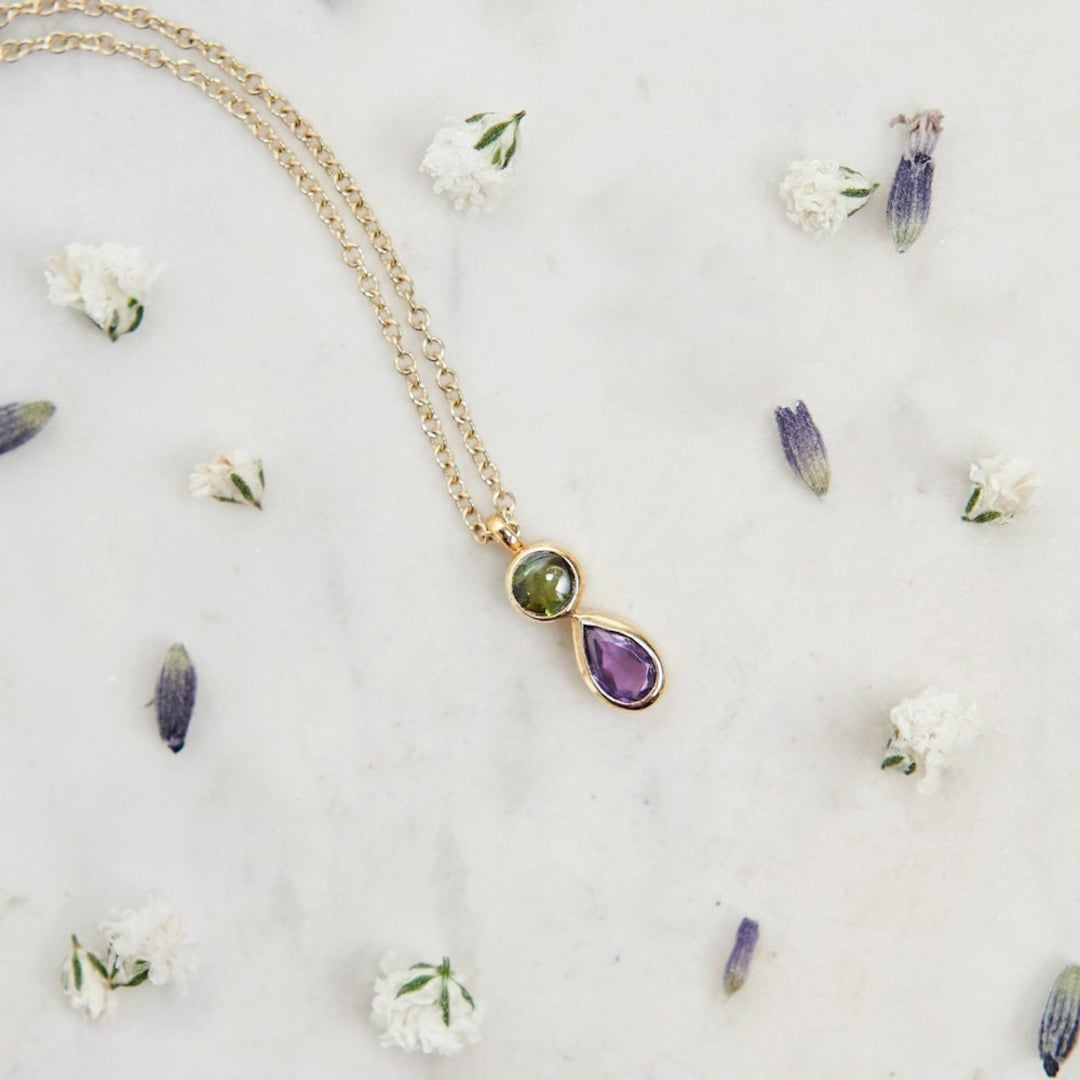 Two stone Pendant Necklace Green Tourmaline and Amethyst Natural Gemstones Bezel Setting Etsy