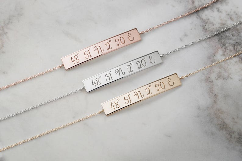 Customized Coordinates Bar, Personal Quote or Wish, 9K 14K 18K Gold Bracelet, Engraved Curved Bar, Unique Gift for Her image 3