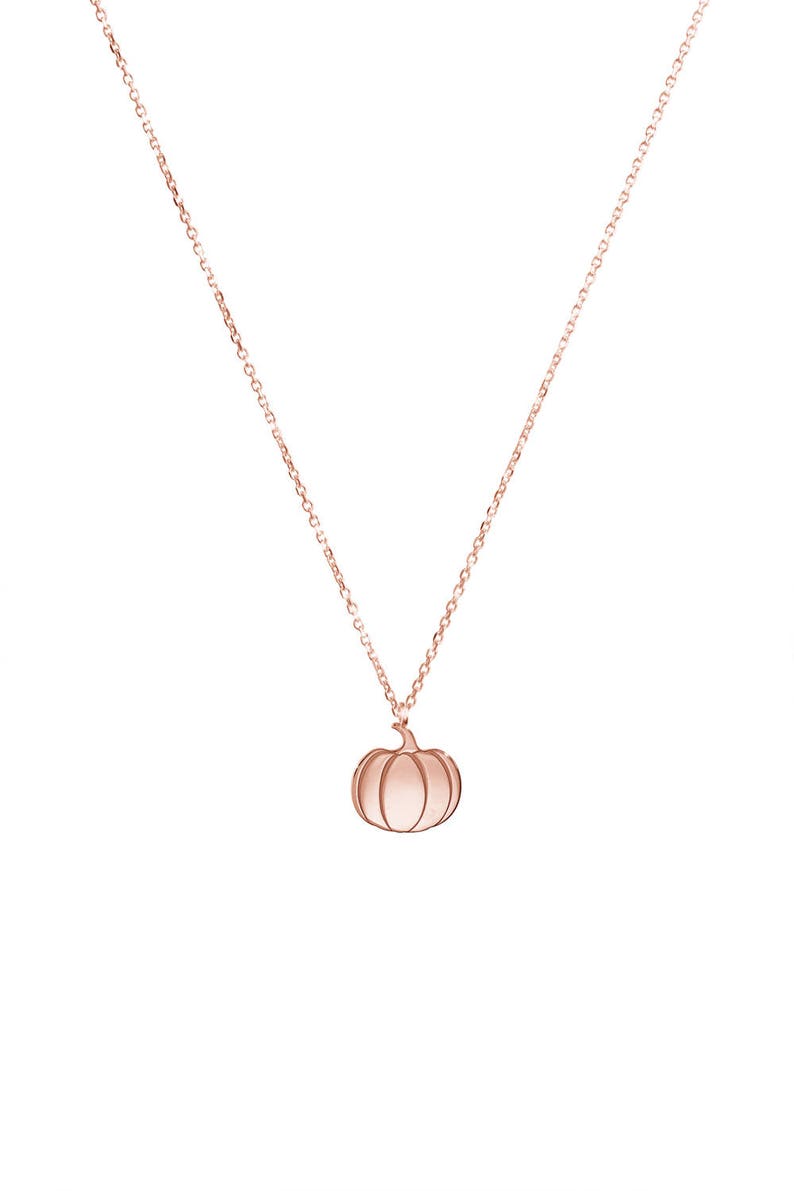 Op de afbeelding: Een delicate ketting van ros&eacute;goud met een klein, gedetailleerd pompoenbedeltje.