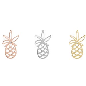 All three color options of the solid gold delicate pineapple stud earring with a white natural diamond in the center of the leaves. Rose, white and yellow gold, every option displayed right next to each other on a white background.