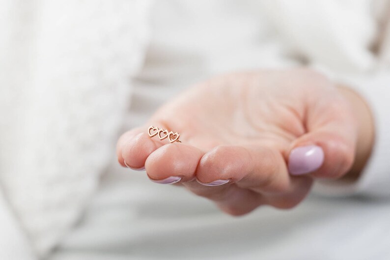 Triple Heart Earrings, 9K 14K 18K Gold Earrings, Rose Gold, Tiny Hearts Gold Studs, Rose Gold Heart Frame, Love Stud Earrings, Heart Jewelry image 7