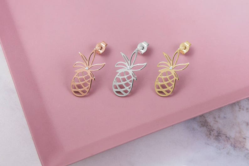Gold Pineapple Earrings with a White Diamond, Tropical Studs, 9K 14K 18K White Gold Earrings, Tiny Natural Diamond, Exotic Fruit Jewelry image 3