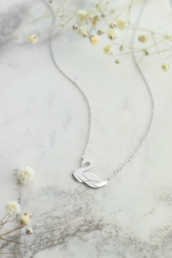 Delicata collana a forma di cigno, ciondolo a forma di cigno in oro massiccio, collana in oro 9K 14K 18K, oro bianco, ciondolo a forma di uccello in oro, gioielli con animali