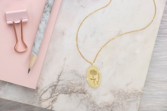 Oval Birth Month Flower Pendant, 9K 14K 18k Gold Necklace, Custom Name Engraved Charm, Personalized Floral Gift