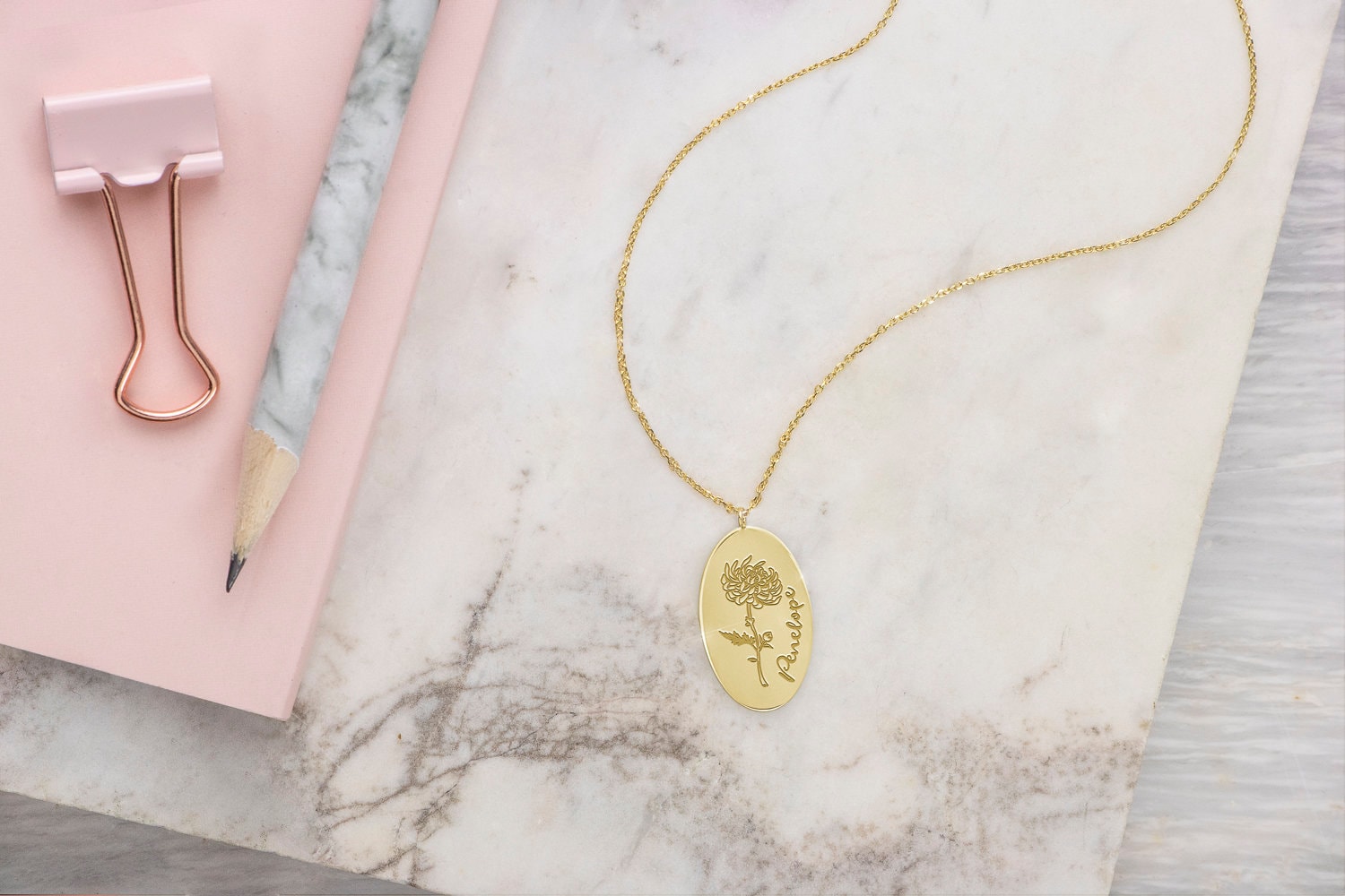 Oval Birth Month Flower Pendant, April Birth Flower, Solid Gold Necklace, Custom Name Engraved Charm, Floral Necklace, Your Name in Gold