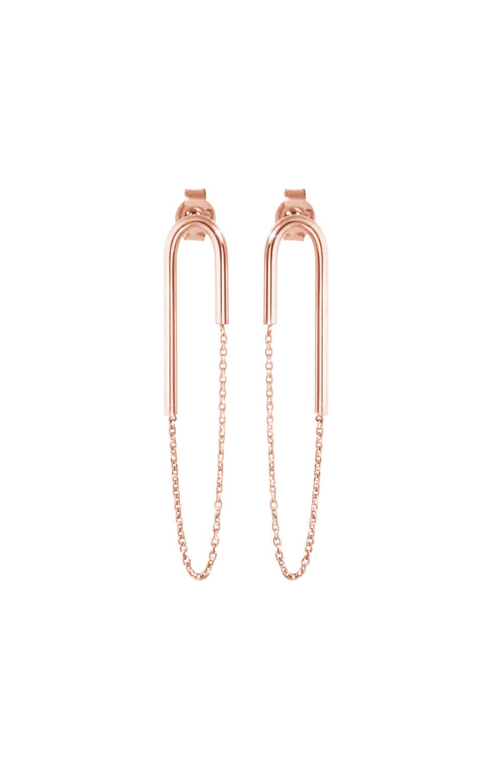 9K Rose Gold Arch Earrings, Long Wire Dangling Earrings, Solid Rose Gold Chain, Girlfriend Gift