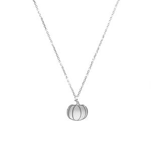 Op de afbeelding: Een zilveren ketting met een klein, zilveren pompoen hanger.