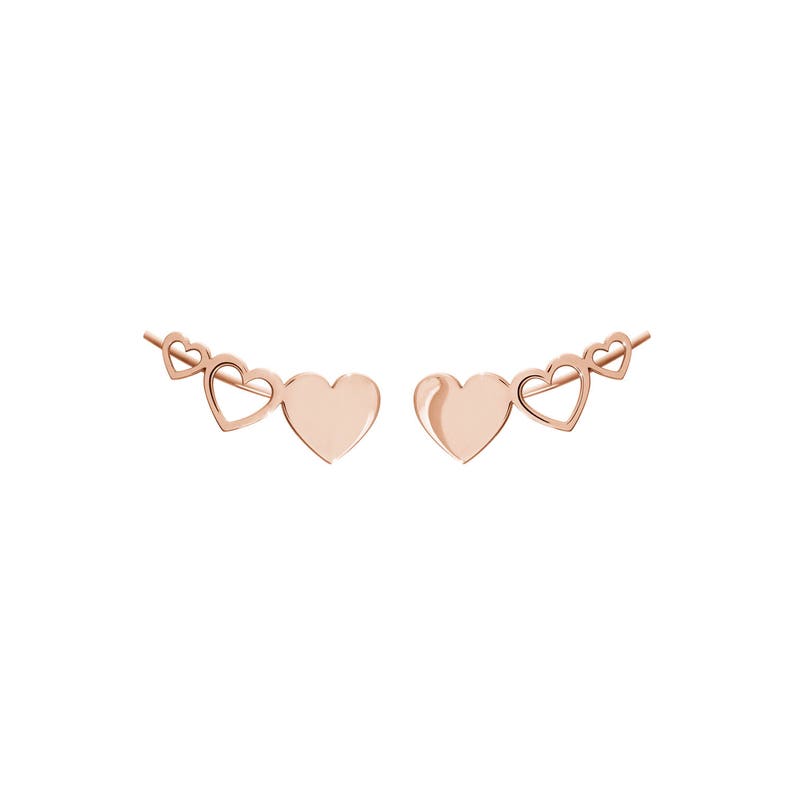 Rose Gold Heart Climbers, 9K 14K 18K Solid Gold Earrings, Romantic Gift for Her, Love Gift image 3