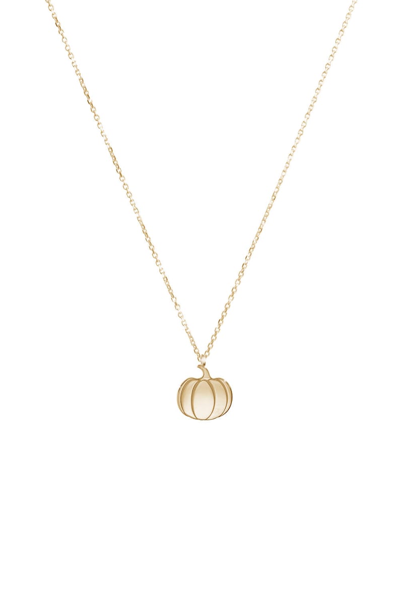 Op de afbeelding: Een gouden ketting met een klein, gedetailleerd pompoenhanger.