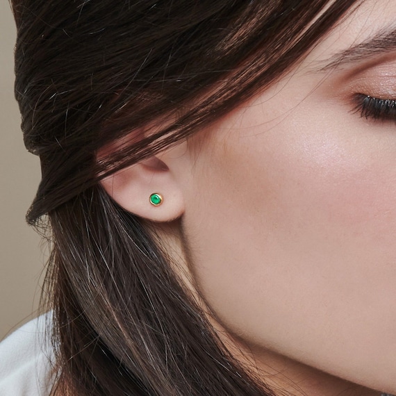 Tiny Green Agate Earrings in Solid Gold Setting, 9K 14K 18K Gold Studs, Small Round Natural Gemstone, Dainty Jewelry, Gift for Her