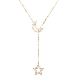 Moon Star Lariat, Diamond Lariat Necklace, Crescent Moon Charm, Real Gold Necklace, Diamond Star Lariat, Lariat Jewelry, Anniversary Gift image 3