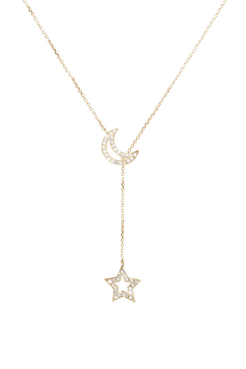 Moon Star Lariat, Diamond Lariat Necklace, Crescent Moon Charm, Real Gold Necklace, Diamond Star Lariat, Lariat Jewelry, Anniversary Gift image 3