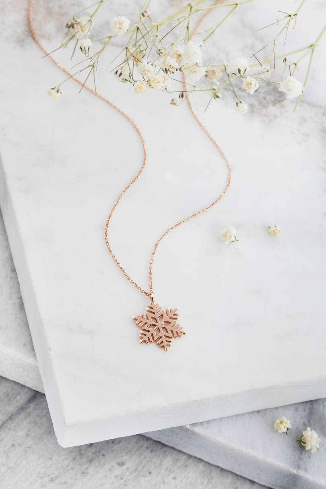 Gold Snowflake Pendant, 9K 14K 18K Gold Necklace, Yellow White or