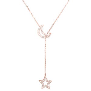 Moon Star Lariat, Diamond Lariat Necklace, Crescent Moon Charm, Real Gold Necklace, Diamond Star Lariat, Lariat Jewelry, Anniversary Gift image 4
