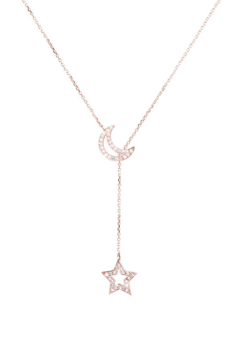 Moon Star Lariat, Diamond Lariat Necklace, Crescent Moon Charm, Real Gold Necklace, Diamond Star Lariat, Lariat Jewelry, Anniversary Gift image 4