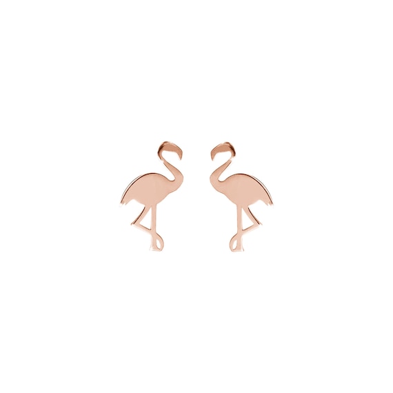 Pink Flamingo Stud Earrings 9K 14K 18K Solid Gold Gift for Her Exotic Gold Earrings Gold Flamingo Jewelry