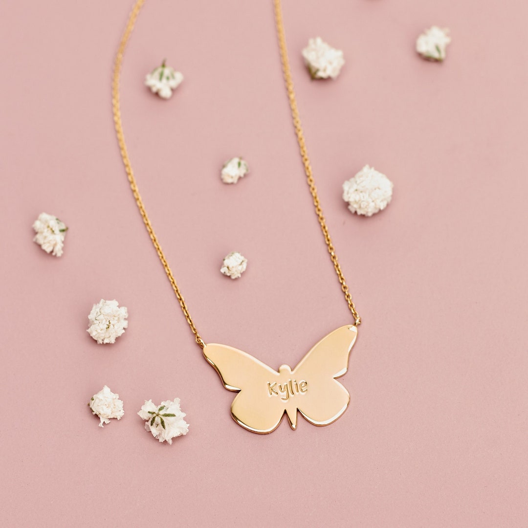Buy Gold Butterfly Necklace, Personalized Necklace,14k Solid Gold, Custom  Engraved Charm, Symbol of Rebirth, Gift for Woman, Your Name in Gold Online 