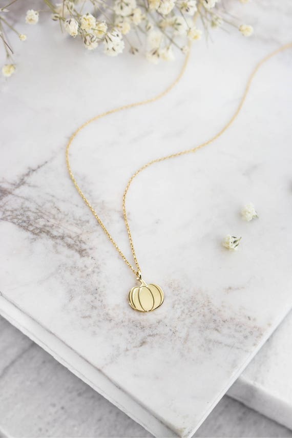 Pumpkin Necklace, Gold Pumpkin Pendant Necklace, 9K 14K Solid Gold, Halloween Jewelry, Trick or Treat, Engraved Gift, Thanksgiving Jewelry