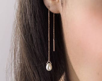 Pearl Birthstone Threaders, 9K 14K 18K Gold Earrings, Rose Gold, June Earrings, Gold Cable Chain Earrings, White Pearl Drop, White Earrings
