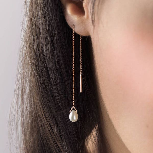 Pearl Birthstone Threaders, 9K 14K 18K Gold Earrings, Rose Gold, June Earrings, Gold Cable Chain Earrings, White Pearl Drop, White Earrings