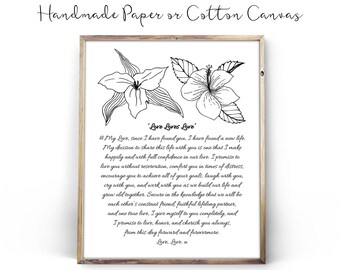 Wedding Song Vows Trillium Hibiscus Handmade Paper or 100% Cotton Canvas Print for 1st Year Anniversary 2nd Anniversary Custom Typography