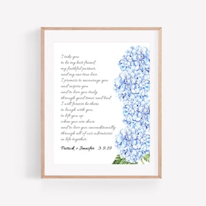 Hydrangea Blue Wedding Song Vows Calligraphy Handmade Cotton Paper Print 1st Year Anniversary 2nd Anniversary Custom Typography