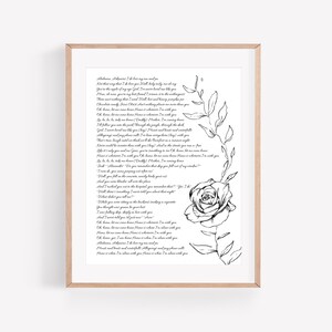 Rose - Wedding Song Vows Calligraphy Handmade Cotton Paper Print 1st Year Anniversary 2nd Anniversary Custom Typography Wedding Stationery