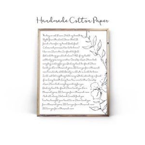 Wedding Song Vows Calligraphy Handmade Cotton Paper Print 1st Year Anniversary 2nd Anniversary Custom Typography Wedding Stationery Floral