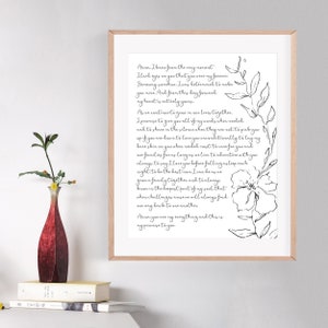 Wedding Song Vows Calligraphy Handmade Cotton Paper Print 1st Year Anniversary 2nd Anniversary Custom Typography Wedding Stationery Floral image 2