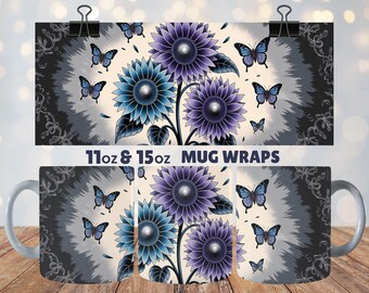 Blue & Purple Sunflower Butterfly Mug Wrap | Elegant Floral Design | 11oz and 15oz Sublimation Digital Download | Commercial Use