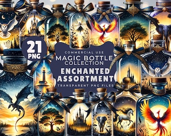 May include: A collection of 21 digital illustrations of magic bottles with various enchanted creatures and objects inside. The bottles are decorated with gold trim and bows. The text "COMMERCIAL USE MAGIC BOTTLE COLLECTION ENCHANTED ASSORTMENT TRANSPARENT PNG FILES" is displayed on a blue background.