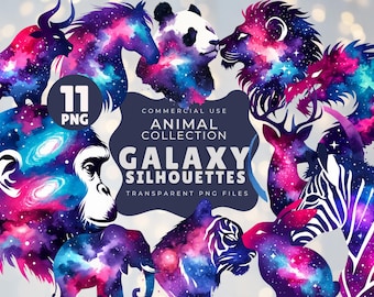 Galaxy Animal Silhouette Clipart PNG, 11 Cosmic Wildlife Designs, Digital Download, Transparent Commercial Use Art